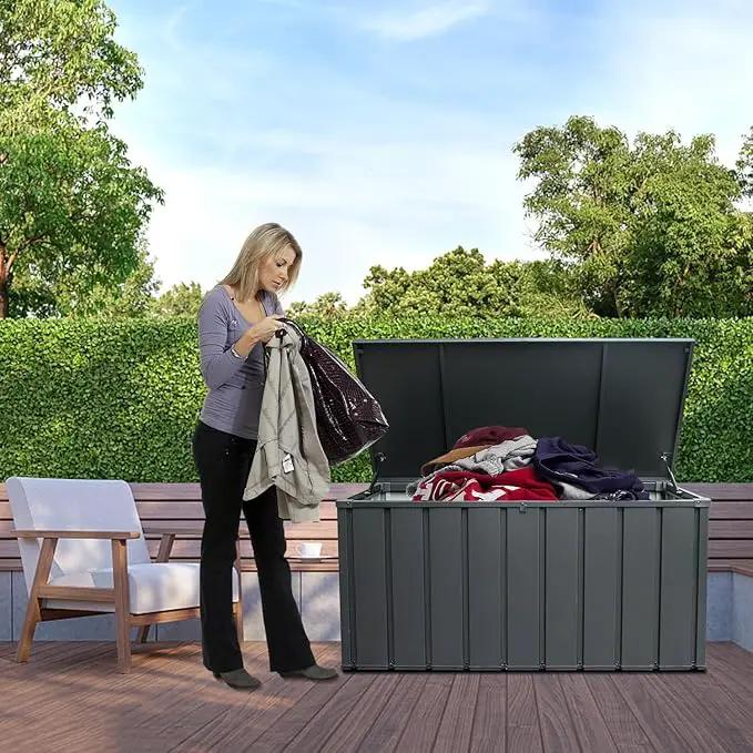 Domi Deck Box 160 Gallon, Waterproof Lockable Steel Outdoor Storage Container for Outside Cushions, Garden Tools and Pools Equipment, Gray by GreenHaven Gardens