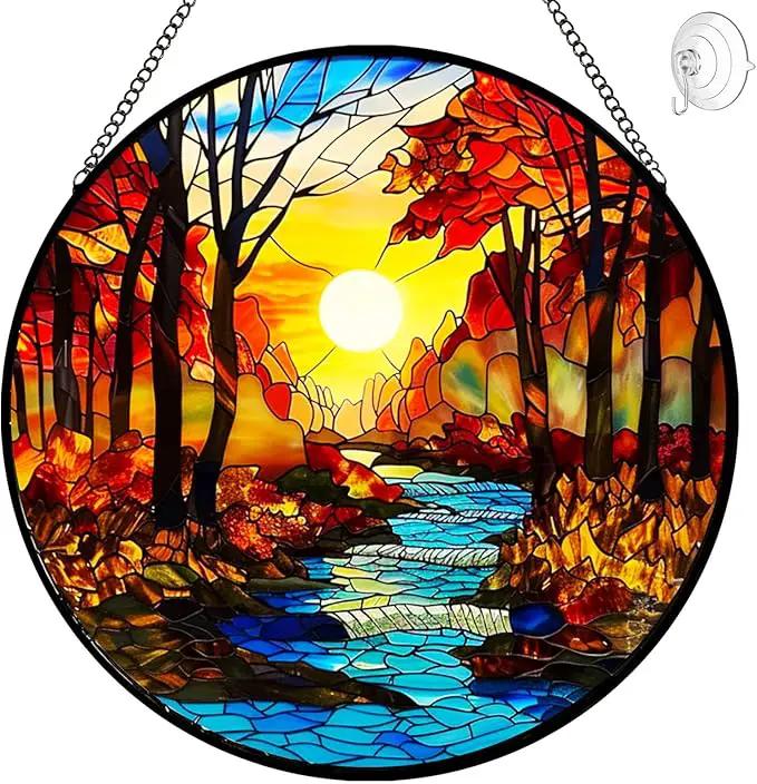 Sunrise Tree and River Landscape Stained Glass Suncatcher for Window Hanging - Sunrise Painting Sun Catcher Window Ornaments with Metal Chain and Hook - Decor Gift for Mom Wife Husband Nature Lovers by GreenHaven Gardens