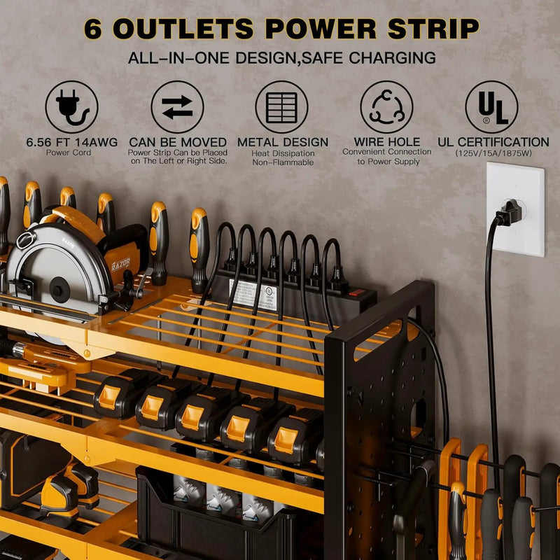 Power Tool Organizer Wall Mount with Charging Station 4 Layer 6 Slot Cordless Drill Holder with Angle Grinder Holder (Yellow) by GreenHaven Gardens