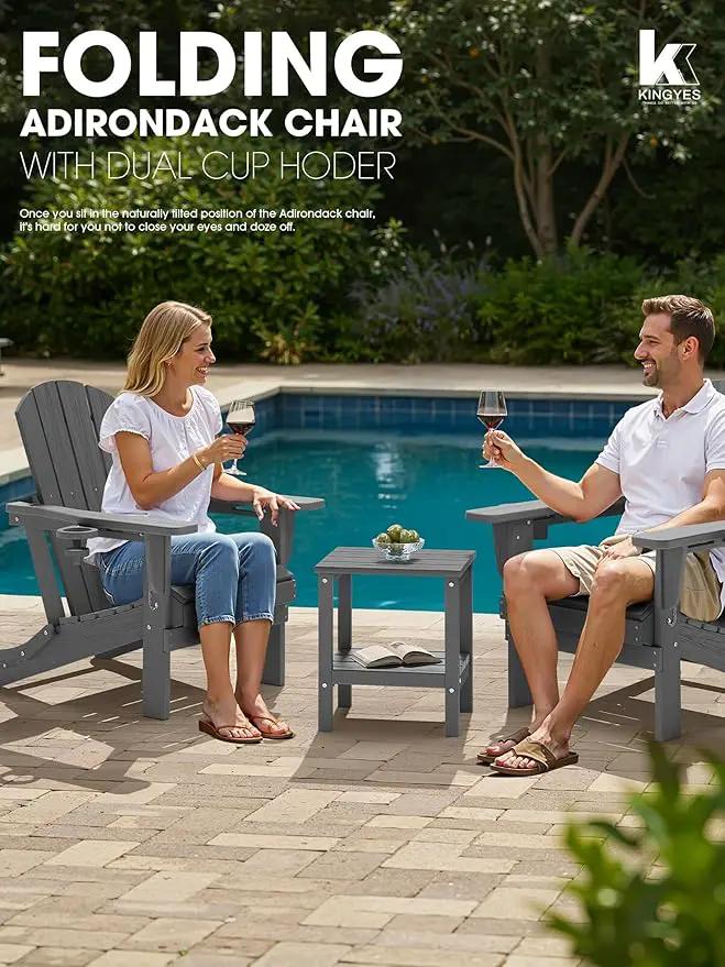 KINGYES Folding Adirondack Chair Set of 6, Dual Cup Holders & All-Weather HDPE, Wood-Like Patio Chair for Backyard, Camping, Pool & Fire Pit, Grey by GreenHaven Gardens