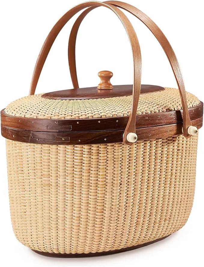 Nantucket Style Basket Picnic Basket Rattan Handmade Products Woven Sewing Storage Basket Two Swing Handles Tote Bag for Women by GreenHaven Gardens