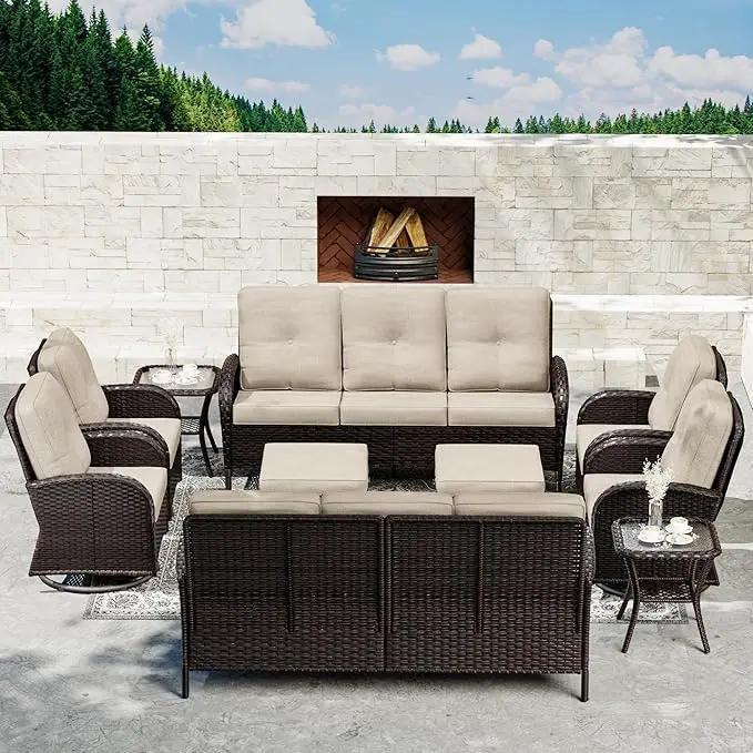 Joyside 10 Piece Patio Furniture Set, Outdoor Wicker Conversation Sets with Swivel Rocker Chairs and Sofa, Thick Cushion, Rattan Patio Sectional for Porch, Deck Use (Brown/Beige, 10 PCS) by GreenHaven Gardens