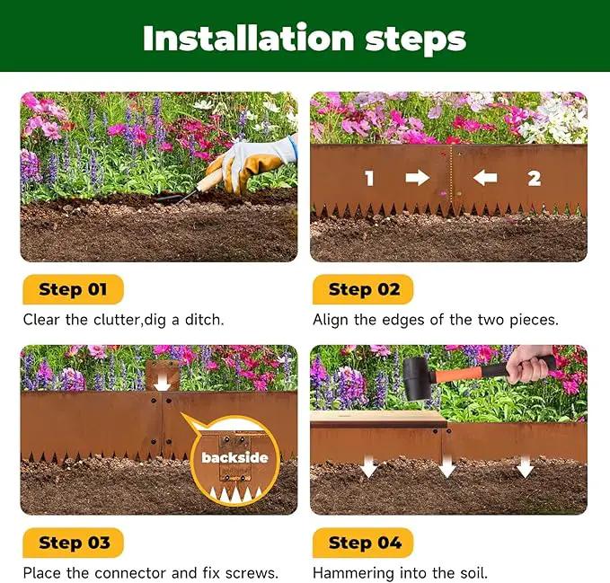 Cor Ten Steel Metal Landscape Edging 40 inch with Top Bending Protection Pre-Rusted Cor Ten Steel Garden Edging 8 Inch Depth 180 Degree Bend 6 Pack for Lawn Yard (8 inch-180 Degree Bend, Rusted) by GreenHaven Gardens