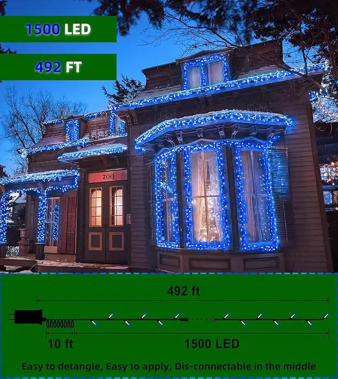 1500 LED 492ft Outdoor Christmas Lights Decorations, Green Wire LED String Lights with Timer Memory, Twinkle Lighs for Indoor Outdoor Party, Tree Wedding, Garden, Patio (Blue) by GreenHaven Gardens