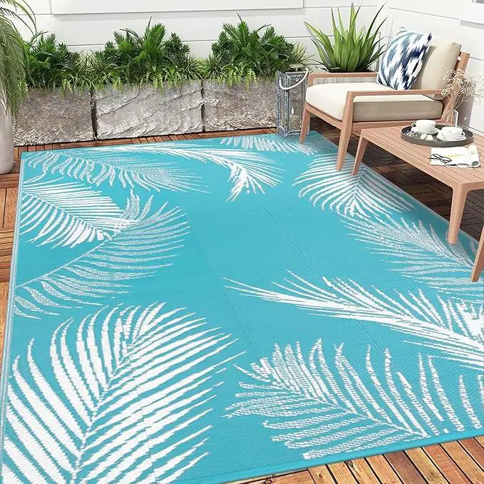 Pauwer Waterproof Outdoor Rug 8x10, Reversible Plastic Straw Patio Camping Rug, Indoor Outdoor RV Mat Carpet for Deck, Camper, Porch, Balcony, Backyard, Picnic, Leaf Teal by GreenHaven Gardens