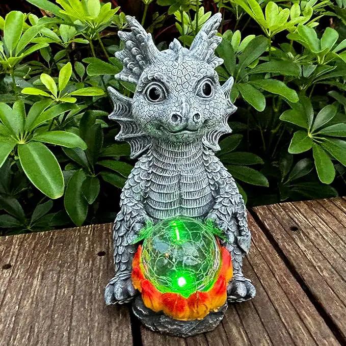 Solar Garden Statue Dragon Figurine with 7-Color Changing Solar Crackle Globe Lights- Loving Dragon for Patio,Balcony,Yard, Lawn-Unique Idea Gifts (Grey) by GreenHaven Gardens