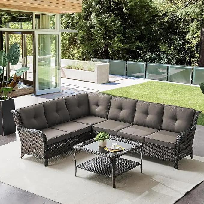 Outdoor Furniture Sectional Sofa L Shaped Couch - Patio Wicker Set with Coffee Table, 3 Piece Rattan Patio Conversation Sets with Gray Cushion for Deck Backyard Sunroom by GreenHaven Gardens