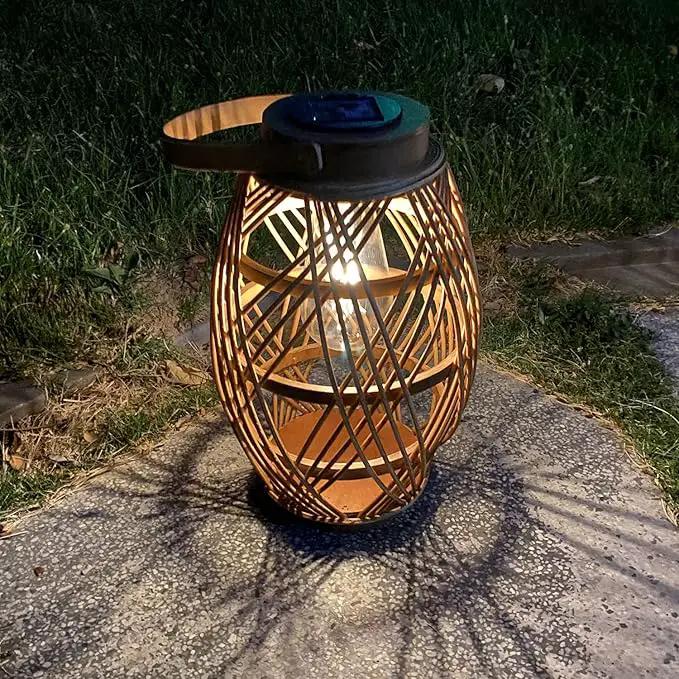 pearlstar Outdoor Solar Lanterns Light Rattan Bamboo Lamp with Handle for Hanging or Table Lamp for Patio Yard Garden Wedding Home Decoration, Edison Bulb, Auto on/Off(Style2) by GreenHaven Gardens