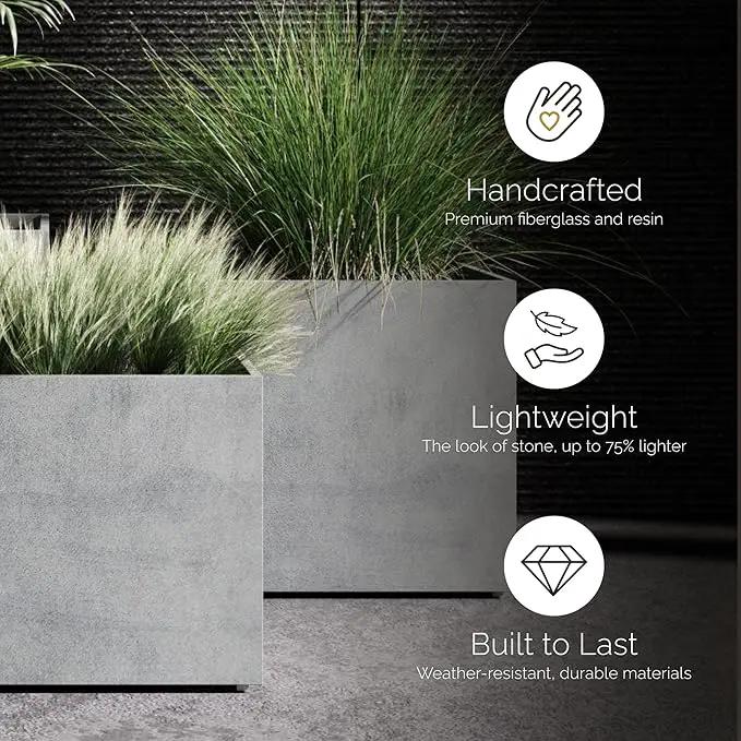 Reglito Cube Planter – Fiberglass Indoor/Outdoor and Weather-Resistant Large Planter (Concrete Stone, 27.6" L x 27.6" W x 28.1" H) by GreenHaven Gardens