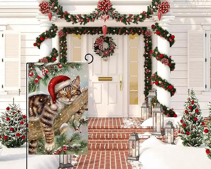 BLKWHT Winter Cat Garden Flag 12x18 Vertical Double Sided Christmas Holiday Outside Decorations Burlap Yard Flag BW738 by GreenHaven Gardens