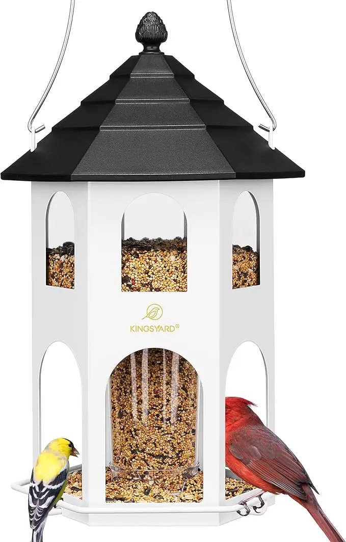 Kingsyard Metal Bird Feeder for Outdoor Hanging, Wild Bird Feeders with Circular Perch, Easy to Clean & Refill, 4 lbs Large Seed Capacity, White by GreenHaven Gardens