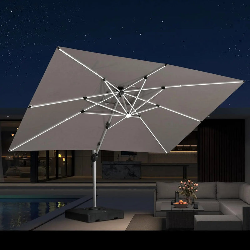 PURPLE LEAF 10' X 13' Solar Powered LED Patio Large Umbrella Offset Double Top Hanging Umbrella Outdoor Market Umbrella for Garden, Heather Taupe by GreenHaven Gardens