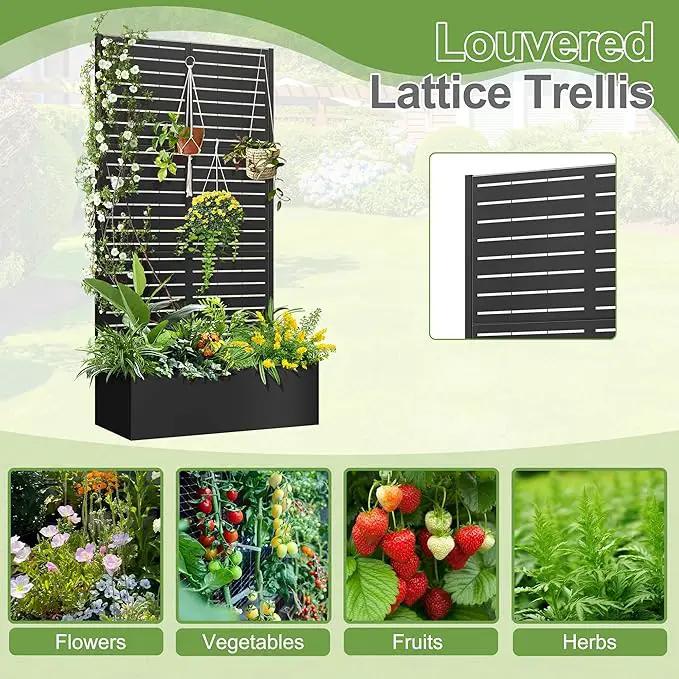 Trellis for Climbing Plants Outdoor，Mental Garden Bed with Drainage Holes Outdoor Privacy Screen Design Tall planters for herb Flower Vegetables 73"x35"x16", Black-Louvered by GreenHaven Gardens