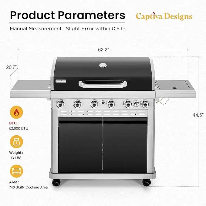 Captiva Designs 6-Burner Propane Gas BBQ Grill with Side Burner & Porcelain-Enameled Cast Iron Grate and Plate for Outdoor Barbucue Events, 52,000 BTU Output,740 SQ.IN. Cooking Area，Heavy Duty by GreenHaven Gardens