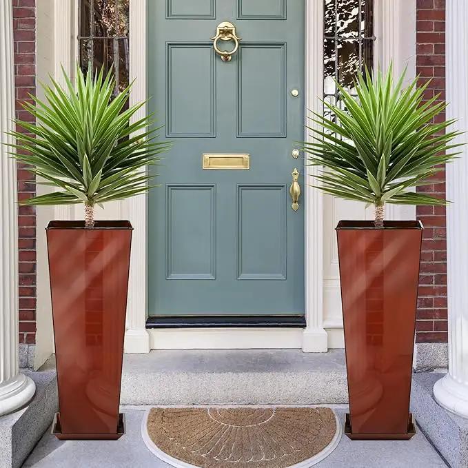 KOL 28''H. Tall Galvanized Steel Glazed Planter with Saucer, Set of 2, Planter Pots with Insert for Indoor & Outdoor Use, Decorative Flower Plant Pots for Front Porch, Patio, Deck - Reddish Brown by GreenHaven Gardens