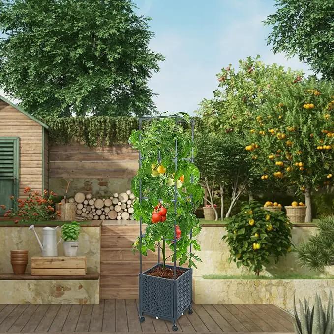 GREEN MOUNT Raised Garden Bed Planter Boxes with Trellis for Climbing Vegetables Plants, 56.7" Tomatoes Planters Outdoor Tomato Cage w/Wheels by GreenHaven Gardens
