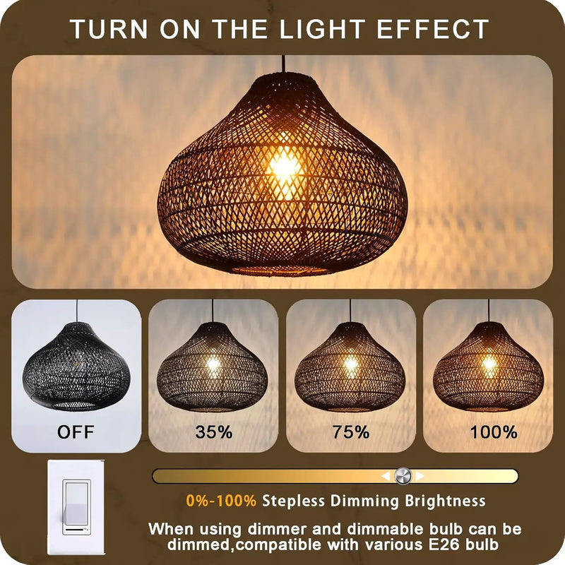 Karjear Black Rattan Chandelier, 16.5 inch Large Wicker Pendant Lights Fixture Hand-Woven Basket Hanging Light for Dining Room Kitchen Island Living Room by GreenHaven Gardens