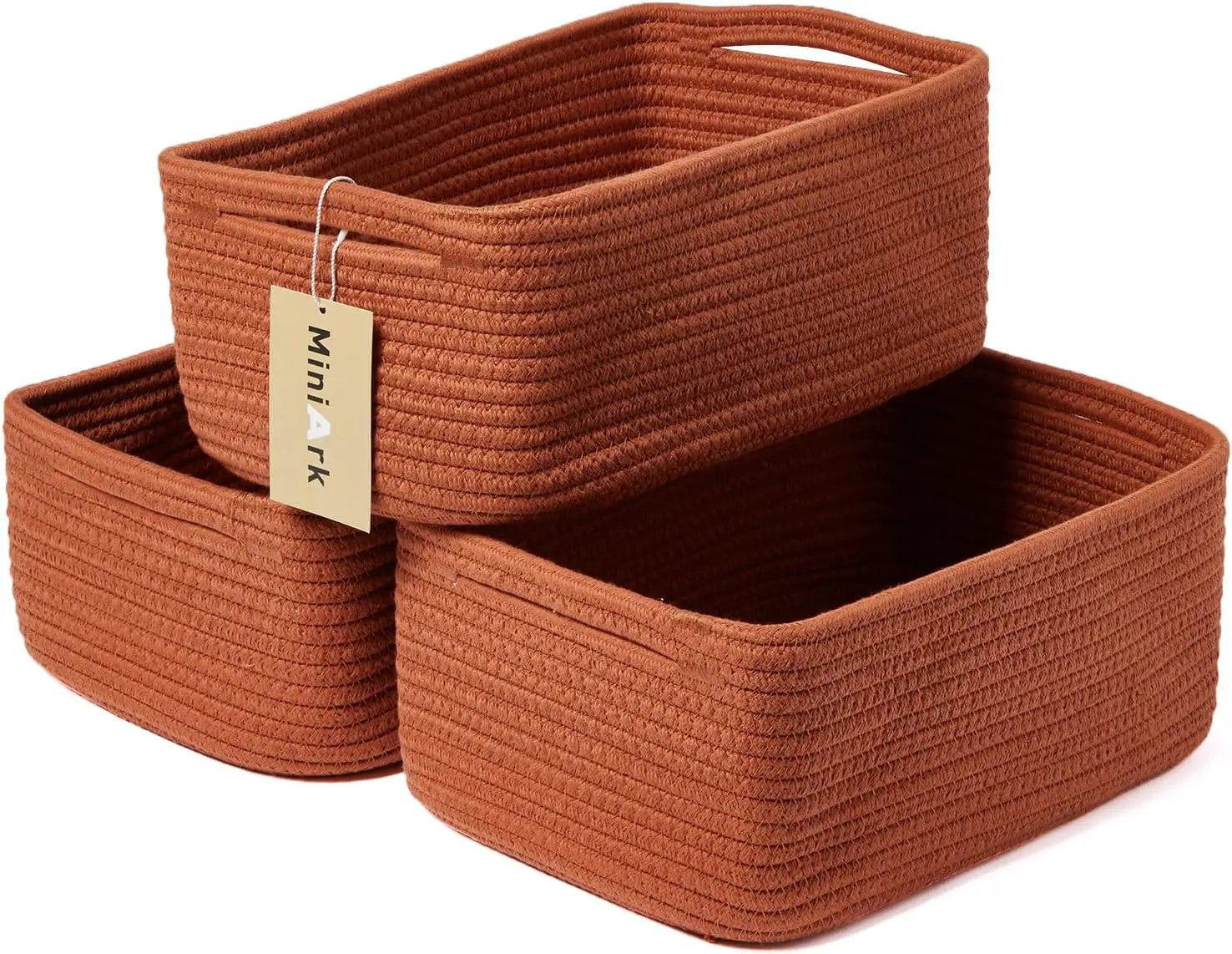 Small Storage Baskets for Organizing | Closet Organizer Bins | Shelf Toy Basket | Woven Rope Baskets | Cube Decorative Box | Shallow Basket | 13x8.5x5.1” | 3 Packs Oxide Red by GreenHaven Gardens