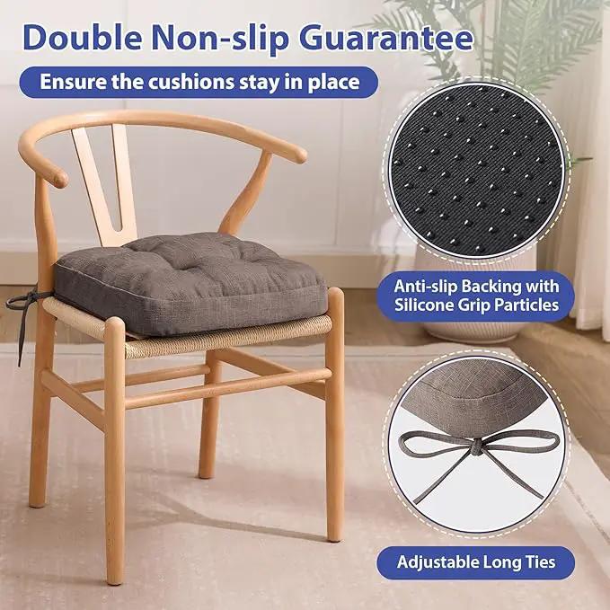 Chair Cushions for Dining Chairs, Dining Chair Cushions, Tufted Indoor Chair Pads with Ties & Non Slip Backing, Seat Cushions for Kitchen Chairs 16.5” x 16.5” x 3.5”, Set of 4, Light Brown by GreenHaven Gardens