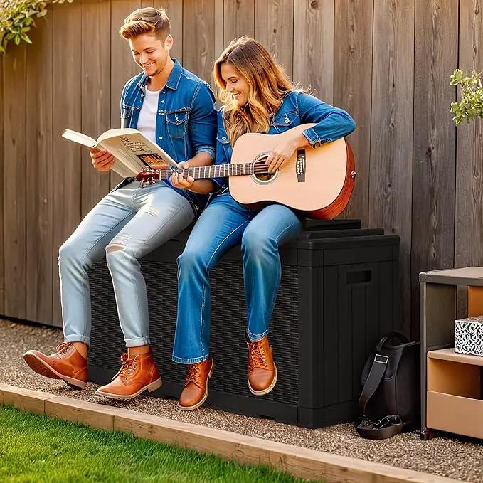 Greesum 100 Gallon Resin Deck Box Large Outdoor Storage with Cushions for Patio Furniture, Garden Tools, Pool Supplies, Weatherproof and UV Resistant, Lockable, Black by GreenHaven Gardens