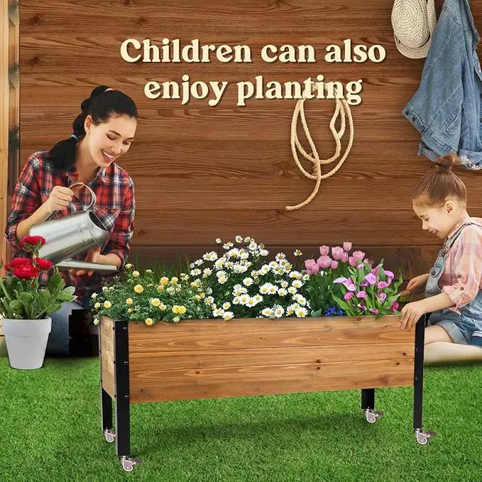 Wood Rectangular Garden Planter Box with Wheel Raised Garden Bed Outdoor,Planters for Outdoor Plants 37 * 13 * 15 Elevated Planter Box for Herbs Vegetables Flowers Outdoor Patio Deck Balcony by GreenHaven Gardens