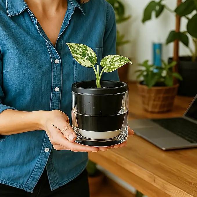 D'vine Dev 4 Inch Design Self Watering Planter for Indoor Plants, Black Terracotta Pot with Cylinder Glass Cup, 37-X-A-3 by GreenHaven Gardens