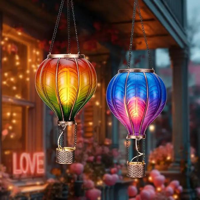 TERESA'S COLLECTIONS 2 Pack Hanging Solar Lantern Outdoor Garden Decor for Valentine ,Waterproof Plastic Hot Air Balloon Orange Flickering Flame Effect Lantern for Yard Tree,Gift for Mom,18" by GreenHaven Gardens