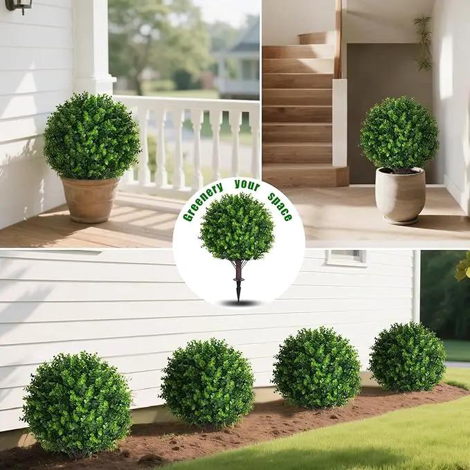 Artificial Eucalyptus Topiary Ball Trees with Ground Spike, Set of 2 UV Resistant Artificial Shrubs, Fake Evergreen Artificial Plant Bushes for Indoor Outdoor Front Porch Garden by GreenHaven Gardens
