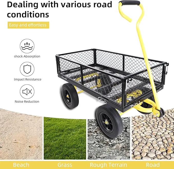 Heavy Duty 480 Lbs Capacity Mesh Steel Garden Cart Folding Utility Wagon with Removable Sides (Black+Yellow) by GreenHaven Gardens