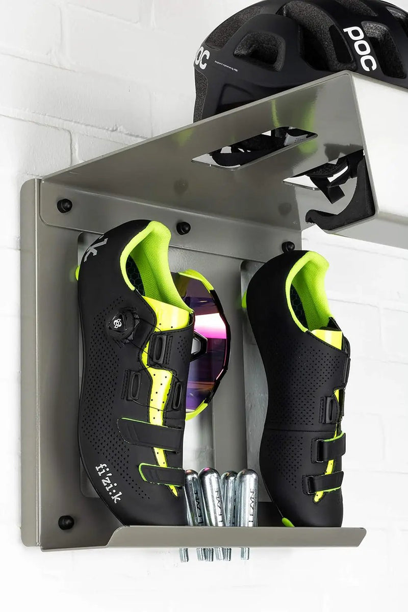 Wall Bike Rack | Bike Storage Wall Mount System | for Race Bicycles (Silver Metallic) and Mountain Bikes | Bike Shelf | Indoor Bike Wall Bracket | Stores Helmet and Shoes | Home and Garage by GreenHaven Gardens