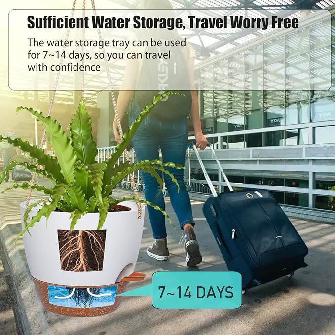 8 inch Hanging Planters, 2 Pack Self Watering Hanging Pots with 20oZ Deep Reservoir for Indoor Outdoor Plants Flowers, White with Brown by GreenHaven Gardens
