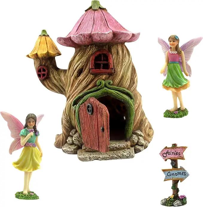 Fairy Garden Houses - Fairy House & Fairy Figures - Fairy Garden Ornaments & Fairies for Fairy Garden - Fairy Houses Kit - 4 Pieces by GreenHaven Gardens