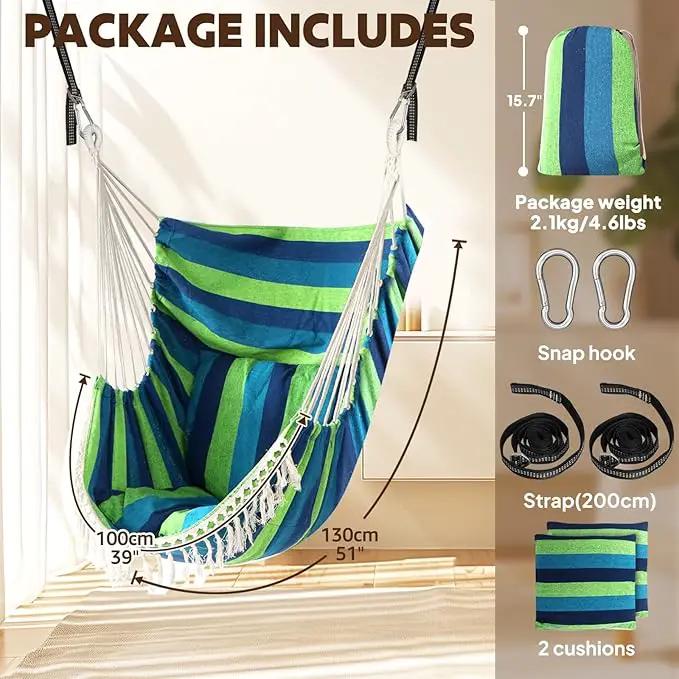 Chihee Hammock Chair Hanging Swing 2 Pillows Included,Strong Webbing Straps and Hooks for Easy Hanging Soft Cotton Hanging Chair Side Pocket Tassel Chair Comfort Indoor Outdoor Blue Green by GreenHaven Gardens