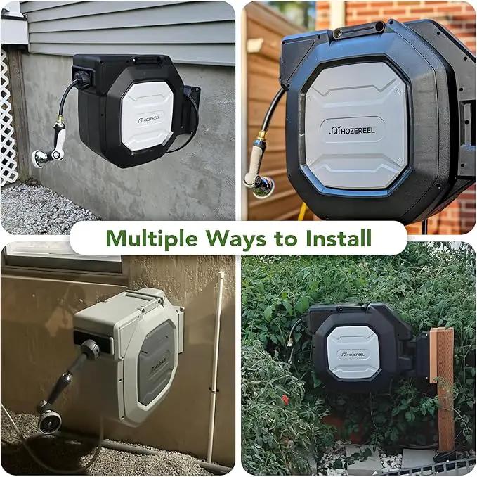 135 ft x 1/2" HOZEREEL Heavy Duty Retractable Garden Hose Reel, Garden Hose Reels Outdoor Organizer- Self Retracting Wall Mount Hose Reel Automatic Recoil Storage, Any Length Lock, 10 Pattern Nozzle by GreenHaven Gardens