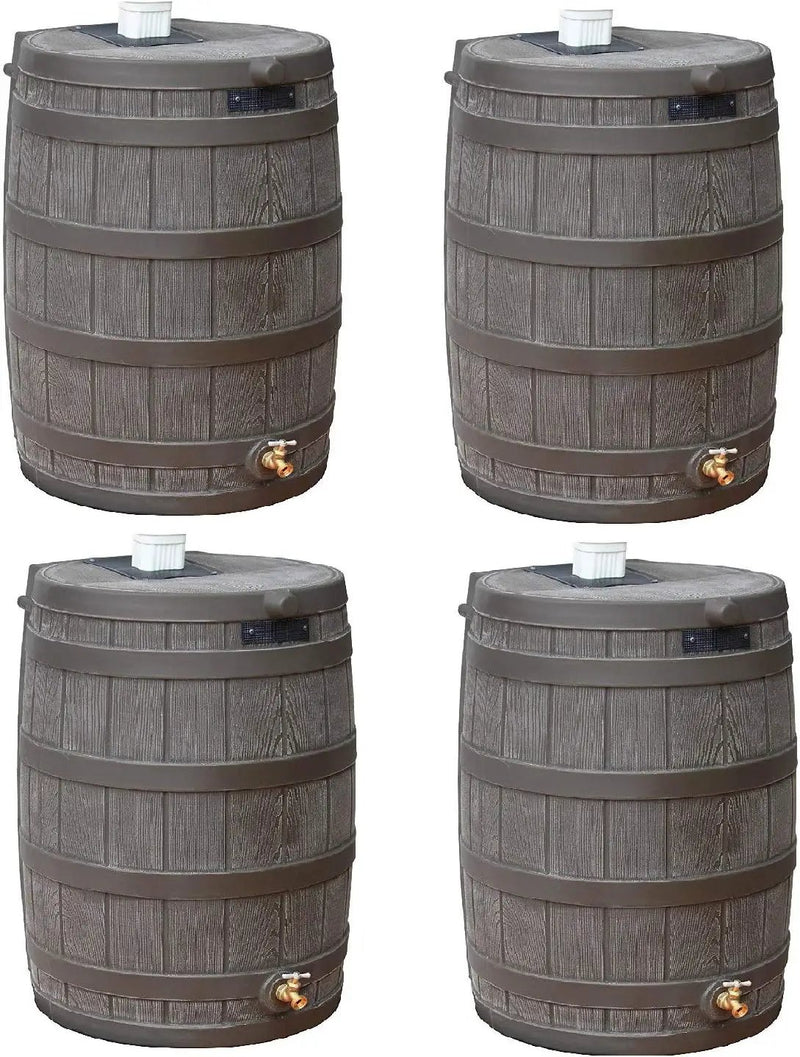 Good Ideas Rain Wizard 50 Gallon Plastic Outdoor Home Rain Barrel Water Storage Collector with Brass Spigot and Flat Back Design, Oak (4 Pack) by GreenHaven Gardens