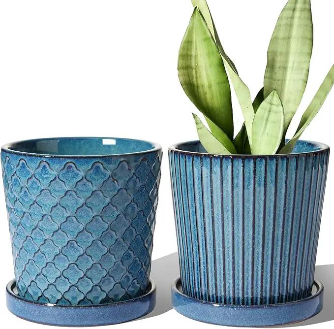 LE TAUCI Ceramic Pots for Plants, 5.5 Inch Plant Pots with Drainage Hole and Saucer, Indoor Plant Pots for Succulent, Snake Plants and Cactus, Flower Pots, Set of 2, Reactive Glaze Blue by GreenHaven Gardens