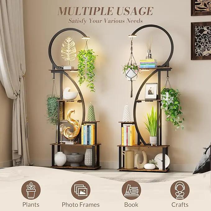 Indoor Plant Stand with Grow Lights, Half-Heart Shape Metal Shelf with Multiple Wood Boards and Hooks for Hanging & Potted Plants, Tall LED Display Rack for Living Room, Balcony Décor by GreenHaven Gardens