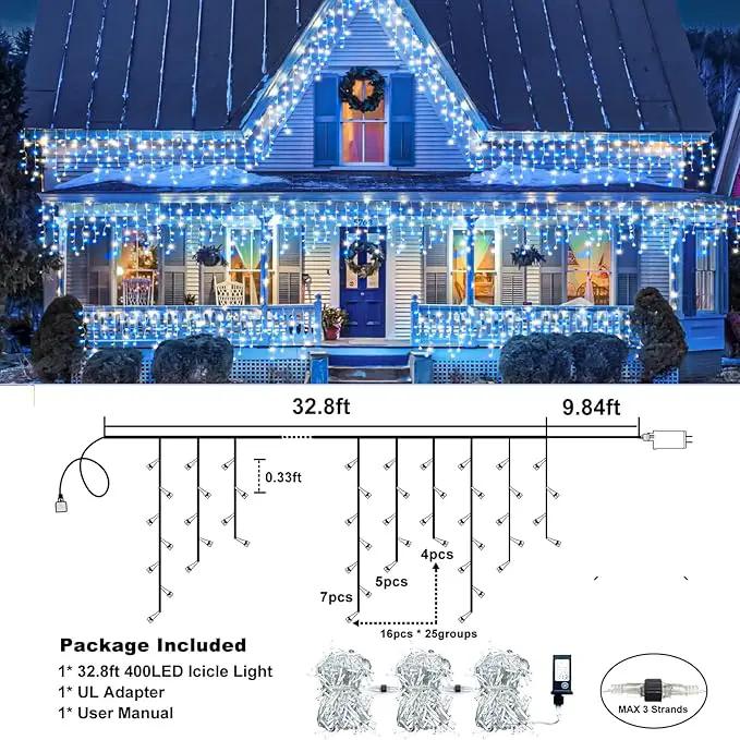 Icicle Lights for Outside, 33FT 400 LED Christmas Lights Outdoor with Waterproof 8 Modes, Plug in Connectable String Twinkle Light for Indoor Home Roof Window Garden Wedding Decorations, Blue White by GreenHaven Gardens