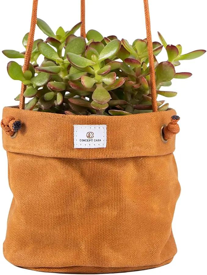 Waxed Canvas Handmade Hanging Planter for Indoor/Outdoor Plants, Hanging Basket Plant Holder Dijon Yellow by GreenHaven Gardens