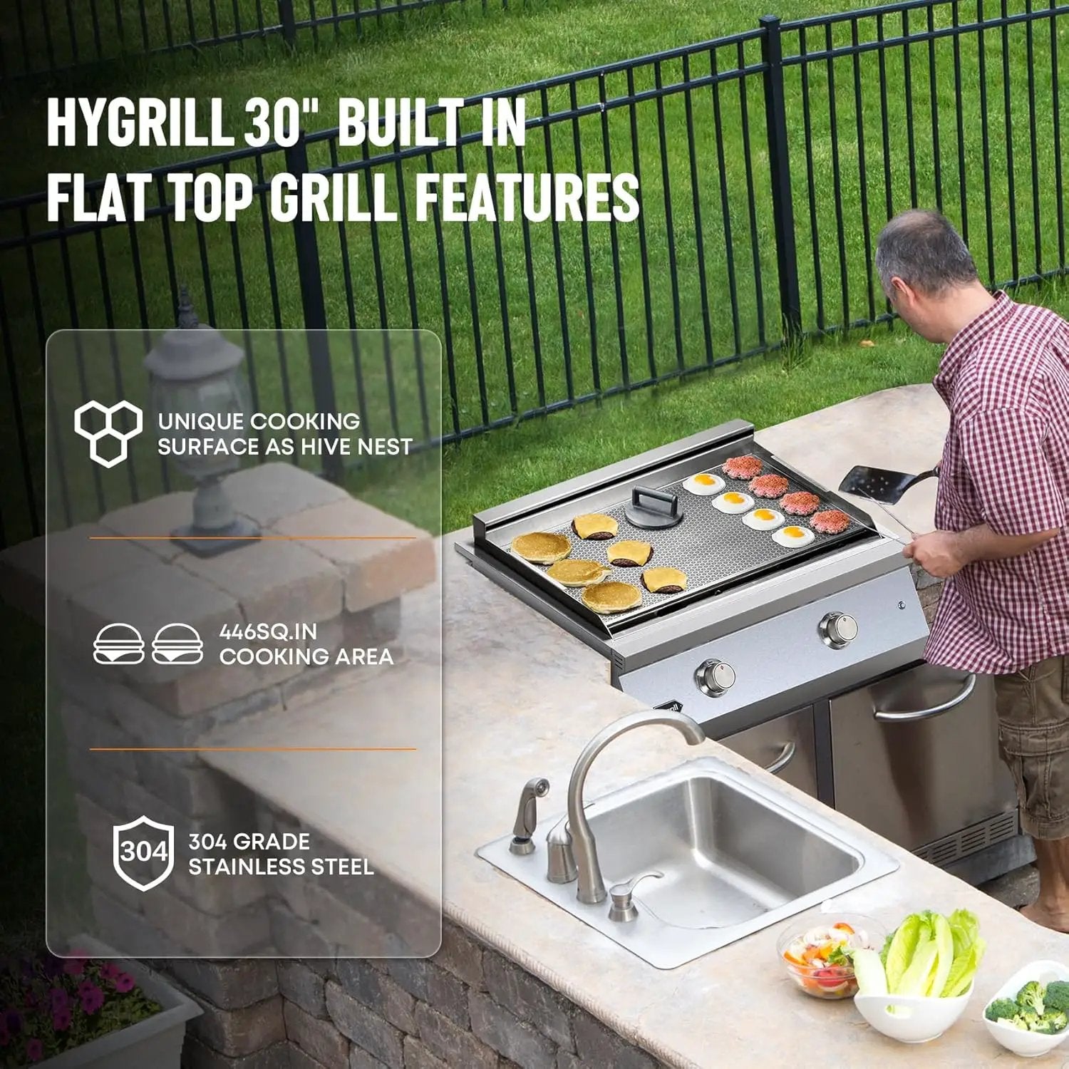 Hygrill 30-Inch Premium Built-In Liquid Propane Griddle for Outdoor Kitchen, Durable Stainless Steel 2-Burner Flat Top Grill with Lid and LED lights, 36000 BTUs by GreenHaven Gardens