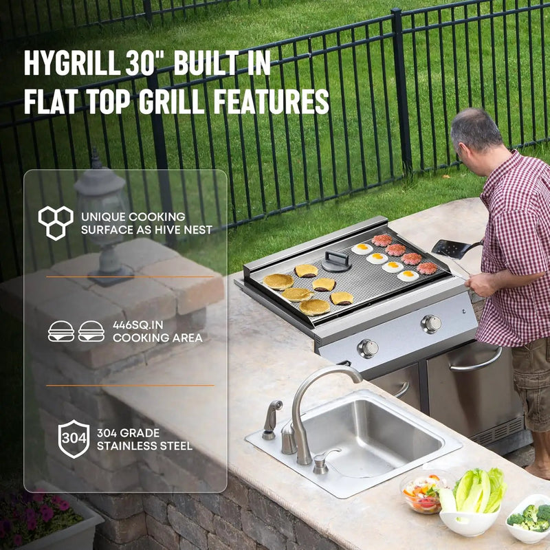 Hygrill 30-Inch Premium Built-In Liquid Propane Griddle for Outdoor Kitchen, Durable Stainless Steel 2-Burner Flat Top Grill with Lid and LED lights, 36000 BTUs by GreenHaven Gardens