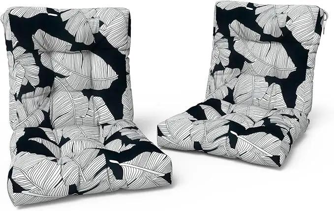 LVTXIII Outdoor Tufted Seat Cushions, Solid Seat and Back Chair Cushion with Ties, Patio Replacement Rocking Chair Cushion for Outdoor Furniture Use, 21 W x 21D, 2 Pack, Black Lush Leaf Jungle by GreenHaven Gardens