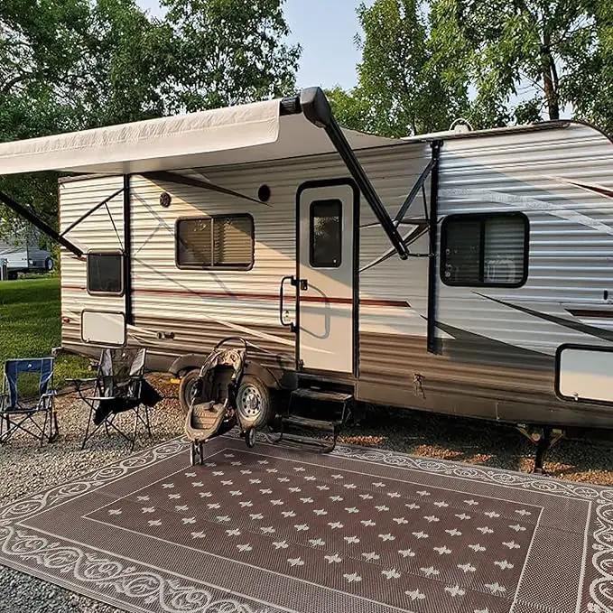 Pauwer Waterproof Outdoor Rug 6x9, Reversible Plastic Straw Patio Camping Rug, Indoor Outdoor RV Mat Carpet for Deck, Camper, Porch, Balcony, Backyard, Picnic, Bordered Brown by GreenHaven Gardens