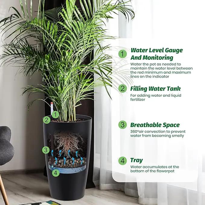 22" Tall Round Planter Set of 2, Self Watering Pots for Indoor Plants, Large Flower Pot Outdoor with Built-in Drainage and a Water Level Monitor, for Patio, Porch, Living Room, or Home Office, Black by GreenHaven Gardens