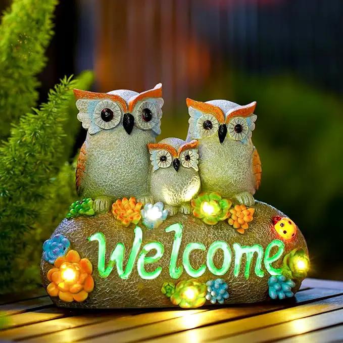 Nacome Solar Owl Statues for Garden Decor: Welcome Sign Outside Lawn for Patio/Balcony/Yard Art/Lawn Ornament House Warming Gifts for Mom/Women