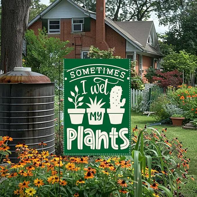 Cute Funny Garden Flag Sometimes I Wet My Plant Lover Gift Outdoor Decorations Small Double Sided Burlap art Stained Glass Style Garden Flags 12 x 18 Inch for Outside by GreenHaven Gardens