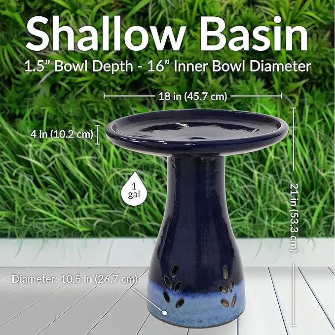 Sunnydaze 21" H Ceramic Bird Bath for Outside - Hand-Painted Outdoor Bird Bath Bowl, UV/Frost-Resistant Finish - Dark Blue - Cut Out Pedestal by GreenHaven Gardens