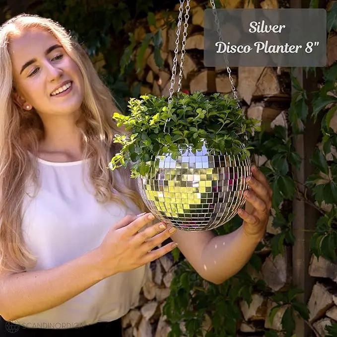 SCANDINORDICA Disco Ball Planter – Value Package: Disco Planter with Chain, Macrame Hanger and Acrylic Stand, Includes Self Watering Insert, Preppy Room Decor, Funky Decor | 8 inch Silver by GreenHaven Gardens