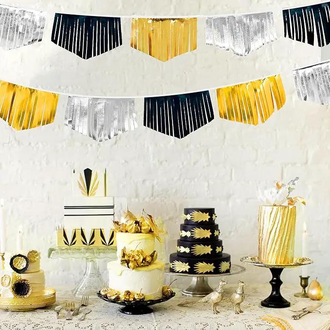 Black Silver Gold Tassel Banner Double Sided Metallic Fabric Pennant Bunting Flag Garland for Graduation Birthday Anniversary Bachelorette Engagement Wedding Bridal Shower Party Decorations Supplies by GreenHaven Gardens