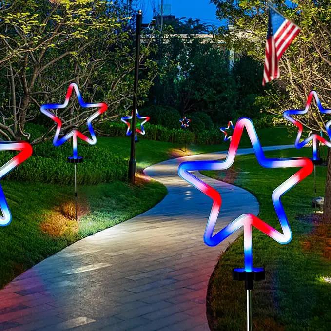 BlcTec 4th of July Decorations, 4PCS Red White and Blue Lights with Stainless Steel Stakes, 4 Big LED Neon Stars Patriotic Lights with Waterproof for Independence Day Garden Yard Lawn Decor, Plug in by GreenHaven Gardens